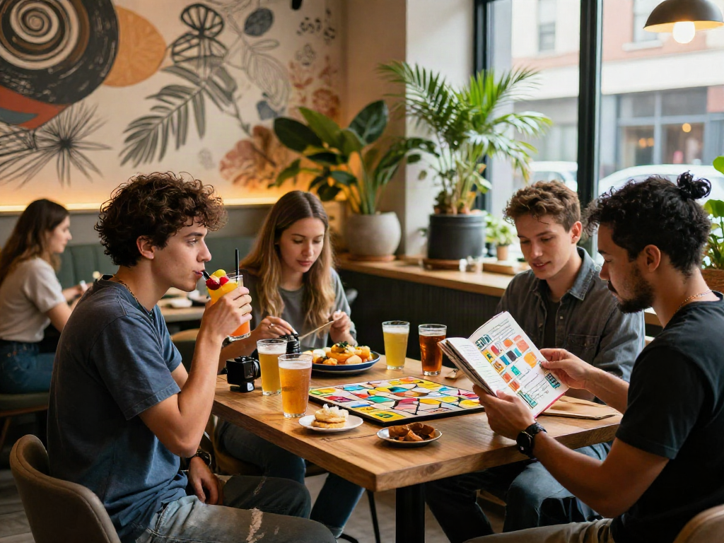 Friends enjoying sociable moments in a trendy café lounge at rokok88, surrounded by stylish decor and gourmet snacks.