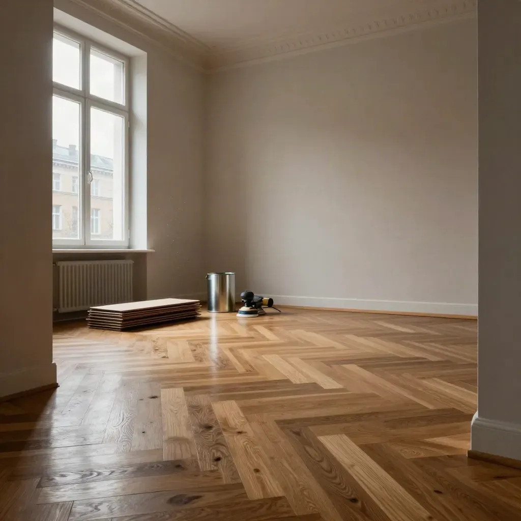 Altbau-Wohnzimmer mit neuem Eichenparkett, Schleifmaschine und Ölkanister im Morgenlicht