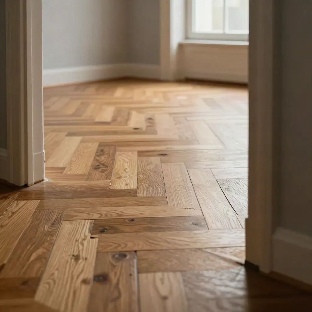 Nahaufnahme von frisch geöltem Eichenparkett im Altbau mit warmem Licht.