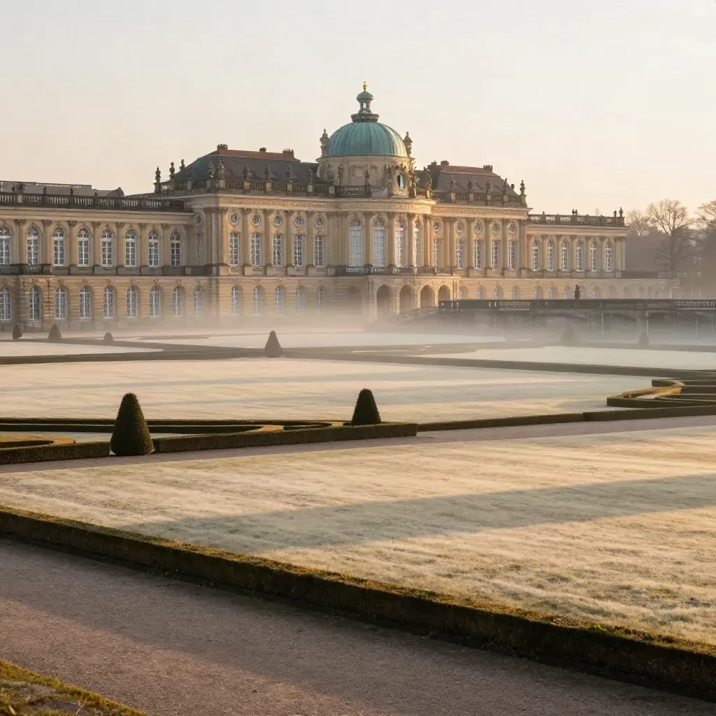 Potsdam im Morgenlicht mit Sanssouci-Dächern, sanftem Nebel und ruhigen Gartenflächen.
