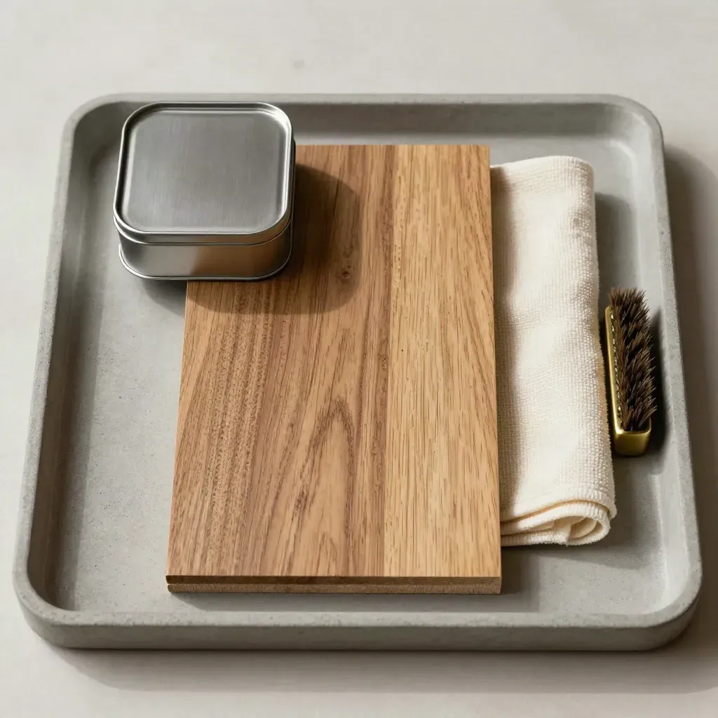 Oak Sample Board mit Pflegeöl-Dose, Tuch und Messingbürste auf Betontray.