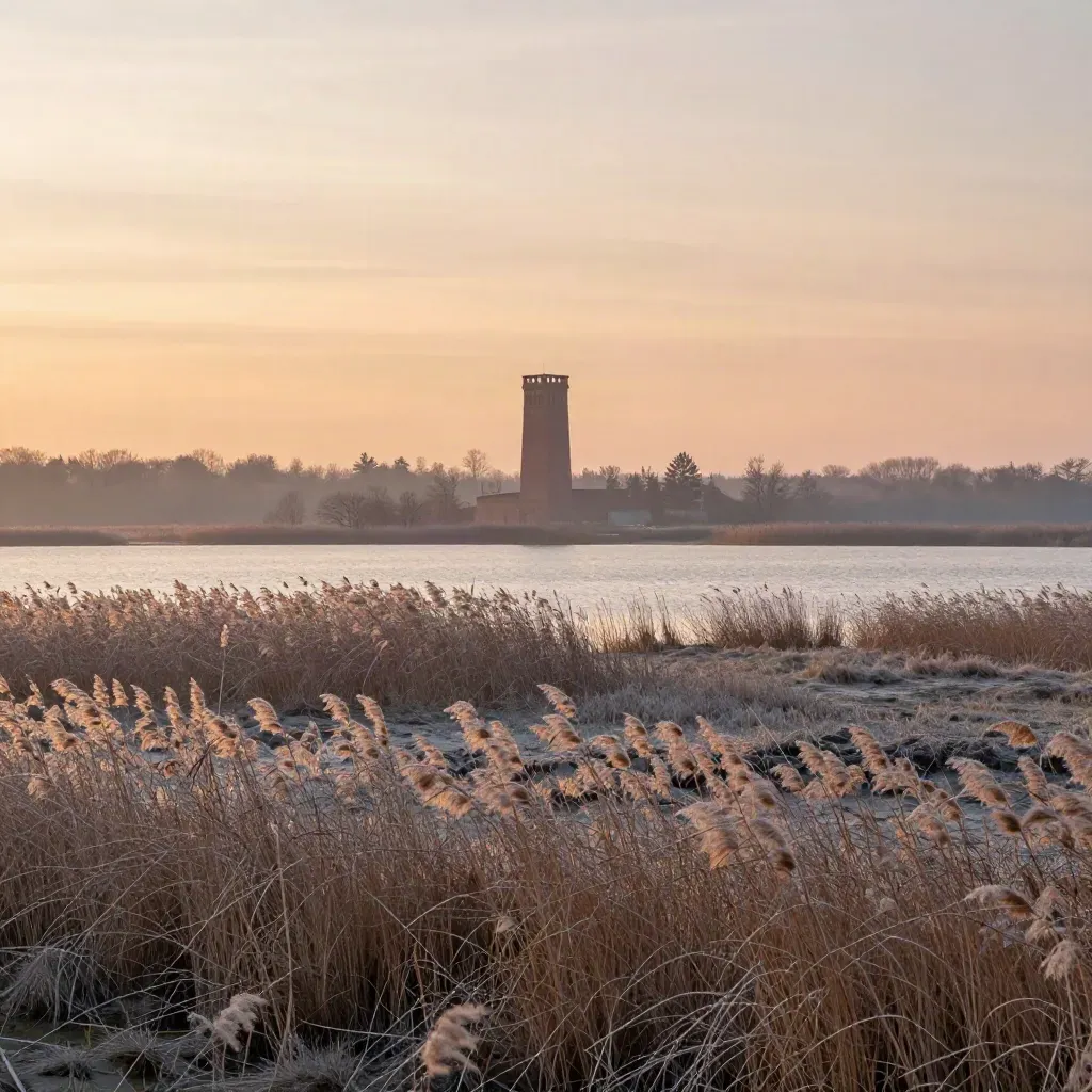 Brandenburg-Landschaft mit Backsteinturm, Schilf, See und winterlichen Feldern im Abendlicht
