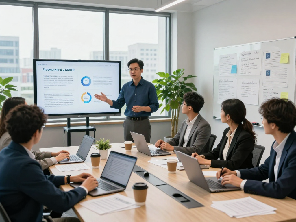 Startseite für Datenschutzlösungen mit Expertenbesprechung in modernem Büro.